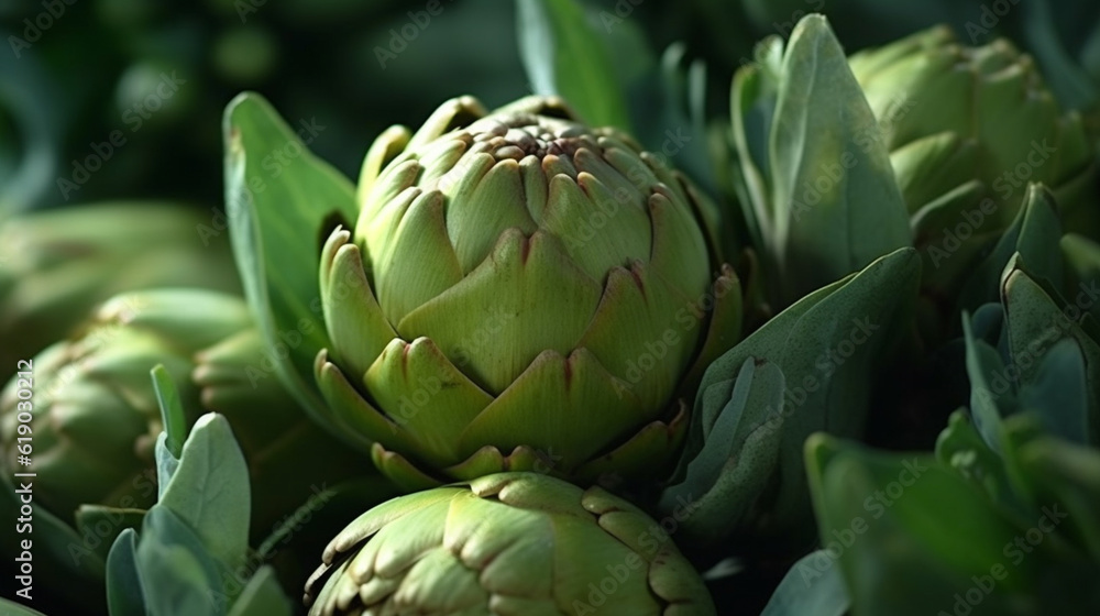 Obraz premium artichoke background collection of healthy food fruit and vegetables, natural background of fresh artichoke representing concept of organic vegetables , healthy eating, fresh ingredient