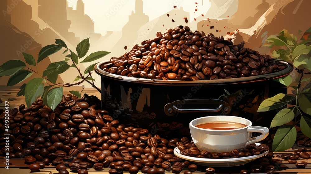 A steaming cup of coffee accompanied by fresh roasted beans. (Illustration, Generative AI) A steaming cup of coffee accompanied by fresh roasted beans. (Illustration, Generative AI)