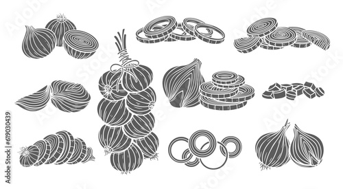 Onion glyph icons set vector illustration. Stamps of whole vegetable and raw shallot bulb cut into rings and slices, different pieces and cubes, food ingredient for cooking French onion soup chutney