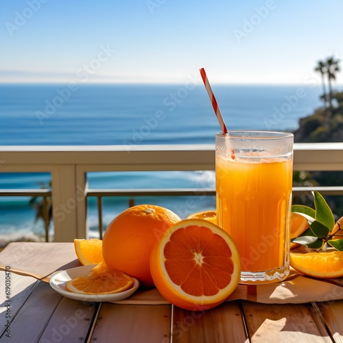 Seaside Delights Vision of Orange Juice Gracing a Table while the Endless Ocean.AI generated