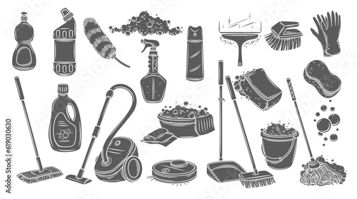 Cleaning service glyph icons set vector illustration. Stamp of manual tools and equipment to clean house collection with mop and broom, liquid detergent bottles and vacuum cleaner, cleaning sponge