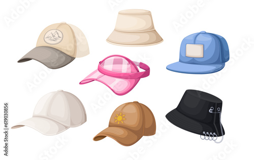 Summer sport and travel hats set vector illustration. Cartoon isolated fashion collection with cotton unisex panama, bucket hat, baseball and golf cap with mesh, plastic visor cap for women and men