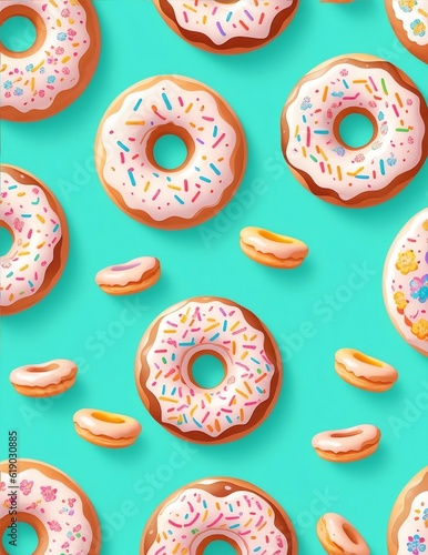 Donuts Seamless patterns, repeating patterns design, fabric art, flat illustration, Vector, 4K, Art station, digital print, highly detailed clean. Generated AI