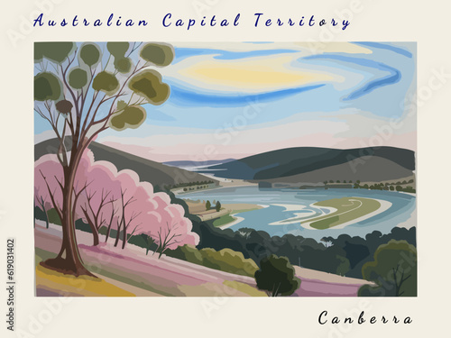Canberra: Postcard design with a scene in Australia and the city name Canberra