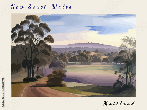 Maitland: Postcard design with a scene in Australia and the city name Maitland