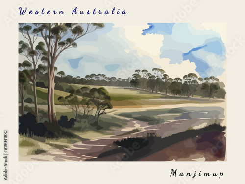 Manjimup: Postcard design with a scene in Australia and the city name Manjimup
