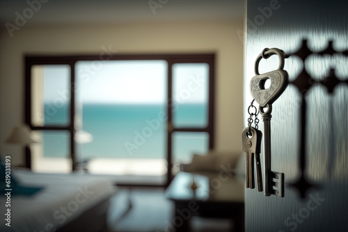 Open door with key to hotel room or new apartment overlooking the sea. Panoramic sea views, luxury vacation rental or buying overseas property on sea coast. Generative AI