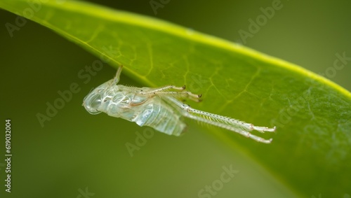 Small beetle of the species Jacobiasca formosana perched on a leaf