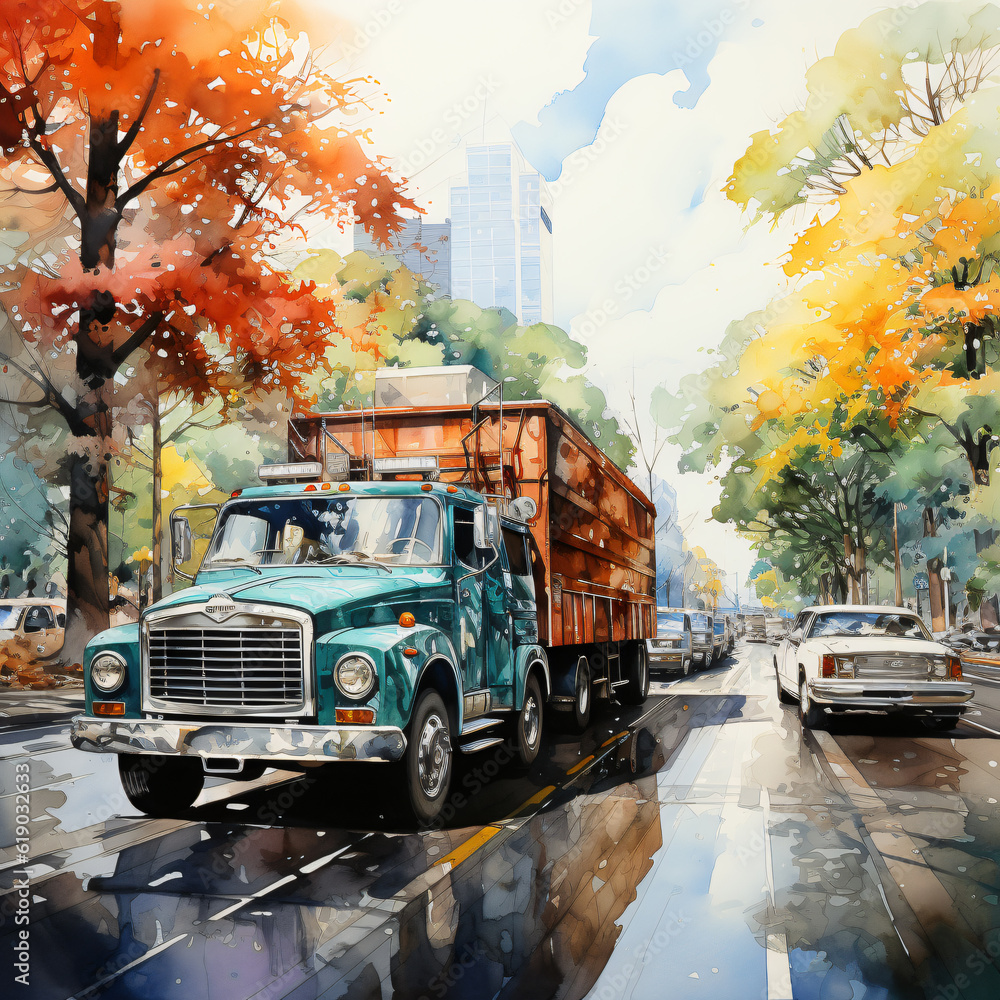 truck on the road in watercolor design truck on the road in watercolor design