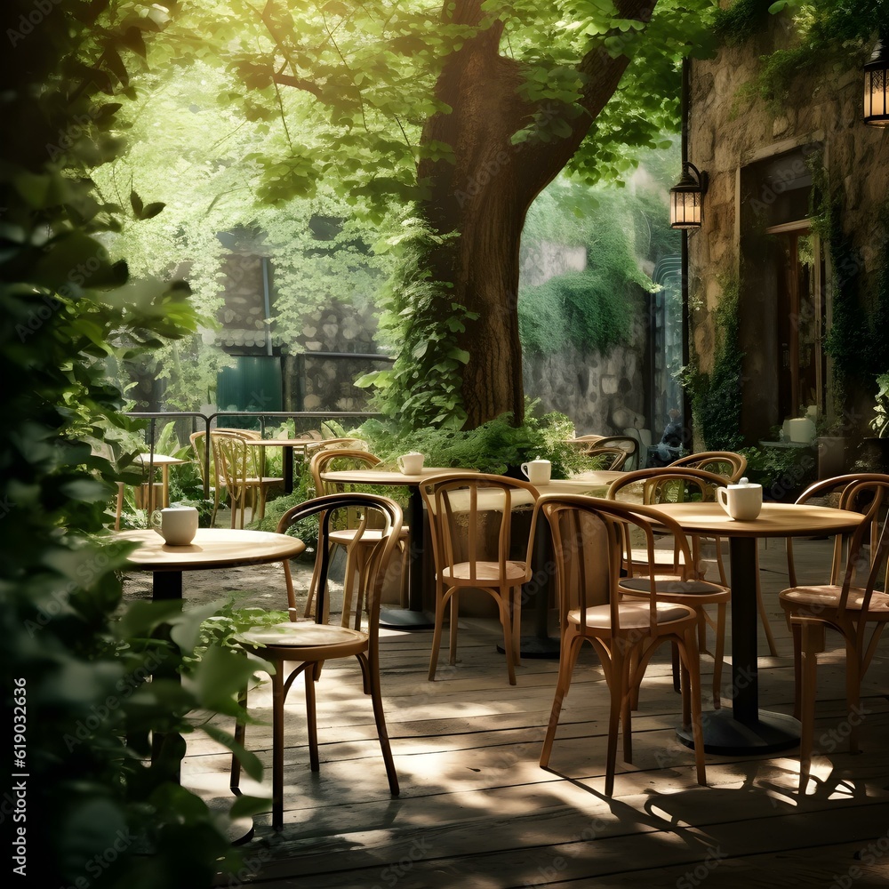 Indulge in a delicious meal amid the serene view of the trees in the restaurant.AI generated