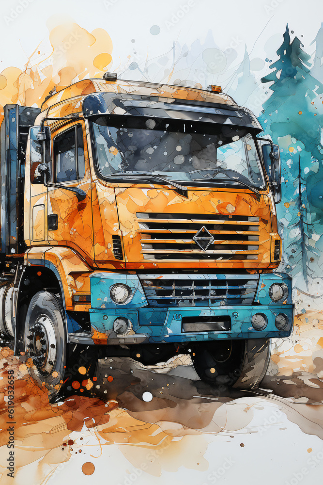truck on the road in watercolor design truck on the road in watercolor design