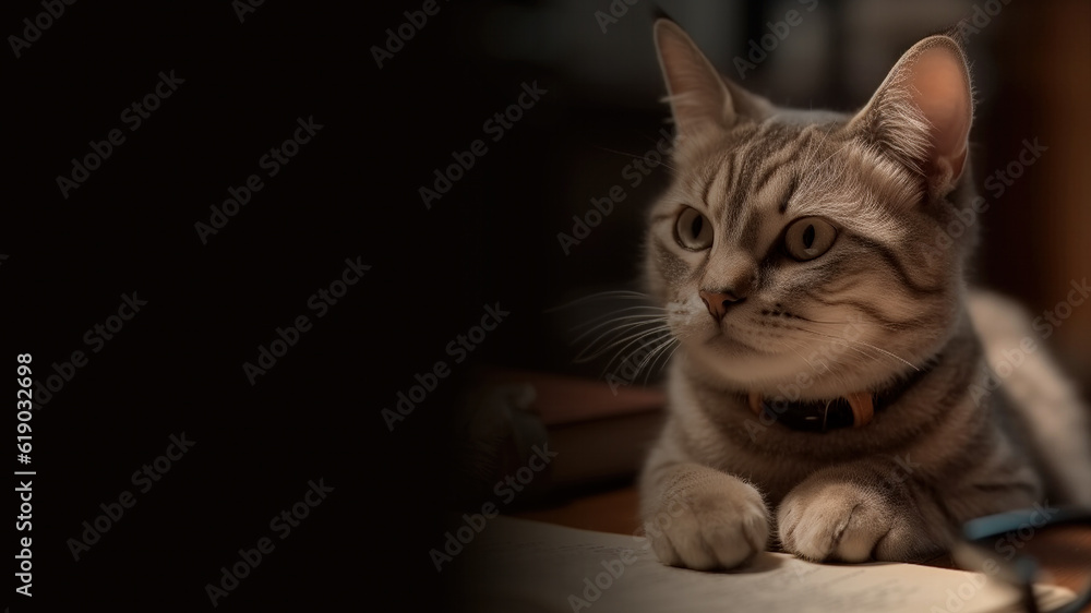 cute serious gray cat with a book sitting at table . Education concept or office work. Back to school. Place for text, copy space, Banner. Cat looking at copy space banner cute serious gray cat with a book sitting at table . Education concept or office work. Back to school. Place for text, copy space, Banner. Cat looking at copy space banner