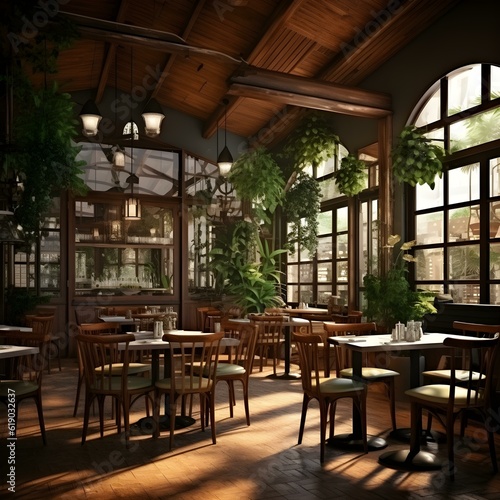 Dining journey with enchanting views of the forest and trees at the restaurant.AI generated