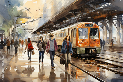 people at the metro station in a city in watercolor design