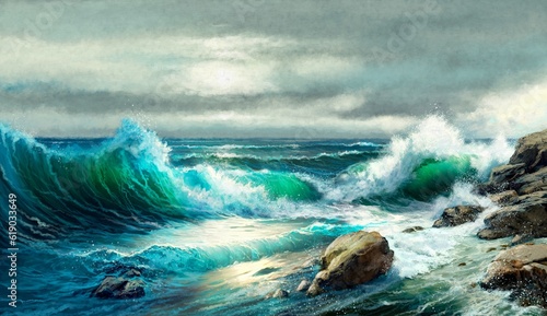 Digital oil paintings sea landscape, waves crashing on rocks. Fine art, artwork