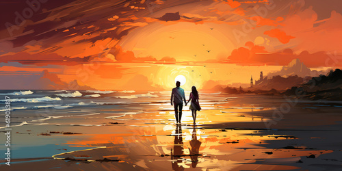 silhouette of couple walking on beach at sunset in watercolor design © bmf-foto.de
