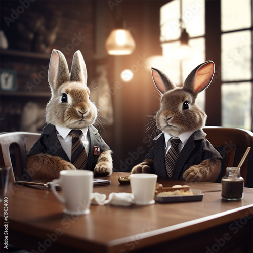 Two cute little bunnies in suits, meeting like humans