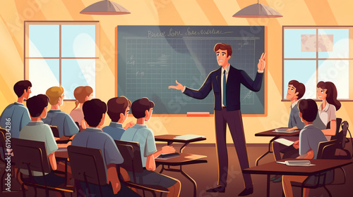 Male educator talking to his students in a classroom