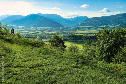 Landscape view of the mountains and green plains in the small village of Purgg  Styria  Austria