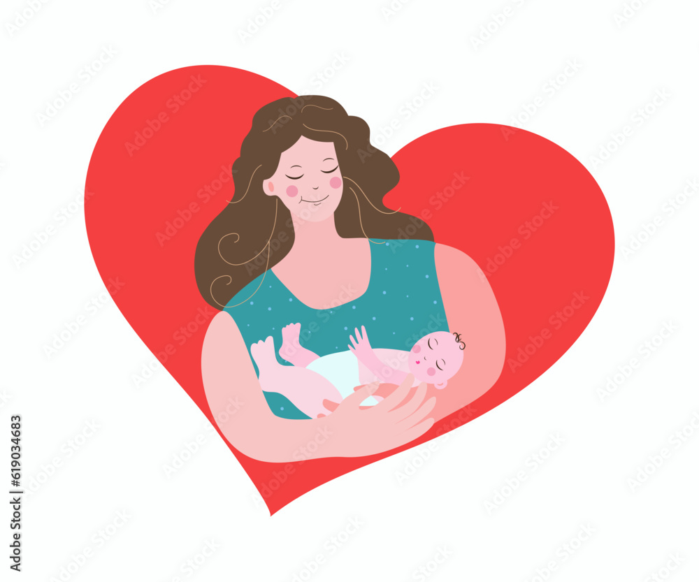 Mother and Child. The shape of the heart. A young woman, a mother with a baby in her arms. Baby, motherhood, newborn, Breastfeeding Day. Children's Day. Vector illustration on isolated background. Mother and Child. The shape of the heart. A young woman, a mother with a baby in her arms. Baby, motherhood, newborn, Breastfeeding Day. Children's Day. Vector illustration on isolated background.