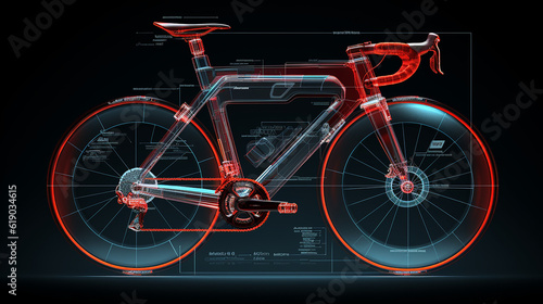 Generative AI image of a 3D wireframe projection of a racing bicycle, showcasing its lightweight frame, aerodynamic design, and sleek components for optimal speed and performance.
