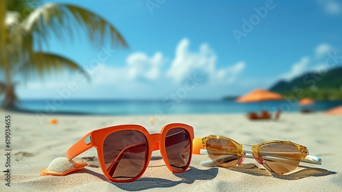 Beautiful beach with glasses and hat on the beach.