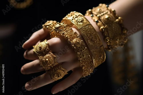 Gold bracelets on the hands. AI Generated