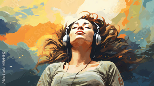 girl listens with closed eyes to the music she hears through headphones