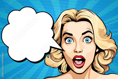 Surprised happy excited young attractive blonde woman with wide open blue eyes, open mouth and speech bubble, vector illustration in vintage pop art comic style