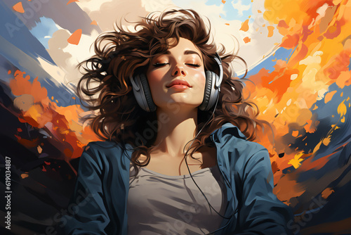 girl listens with closed eyes to the music she hears through headphones