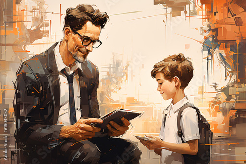 teacher talking to his student while holding a tablet in watercolor painting design like comic photo