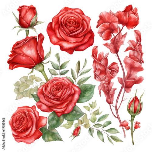 Delicate Red Roses Watercolor, Sublimation Clipart, Floral Designs, Wedding Invitations, Generative AI © Baby Turtle