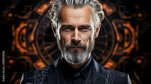 Face portrait of man Model wearing modern on a creative background for copyspace. Close up shot of an attractive middle-aged man with a gesture of confidence and security. Generative Ai