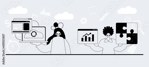 A team that specializes in SEO . trendy exemplar in a analogue manner. Trendy style, Vector Illustration