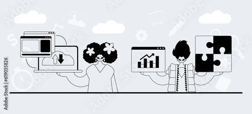 A team that specializes in SEO . trendy exemplar in a analogue manner. Trendy style, Vector Illustration
