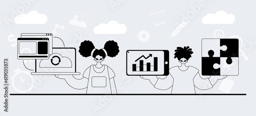 A team that specializes in SEO . trendy exemplar in a analogue manner. Trendy style, Vector Illustration
