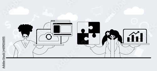A team that specializes in SEO . trendy exemplar in a analogue manner. Trendy style, Vector Illustration