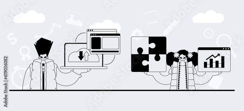 A team that specializes in SEO . trendy exemplar in a linear style. Trendy style, Vector Illustration