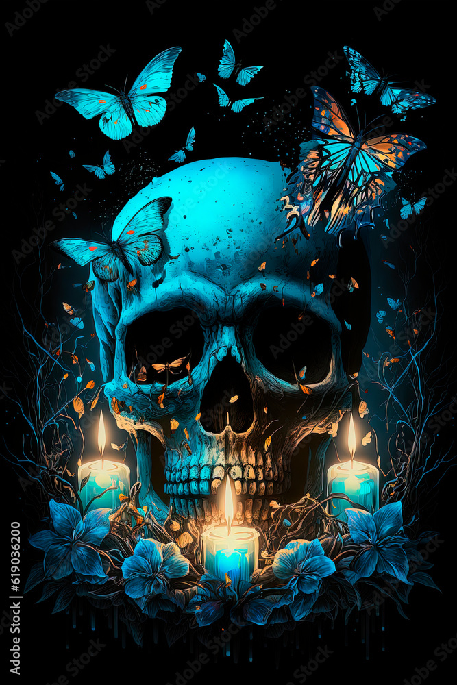 A skull surrounded by butterflies on a black background. Generative AI A skull surrounded by butterflies on a black background. Generative AI