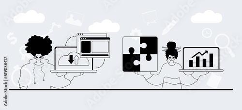 A team that specializes in SEO . trendy exemplar in a analogue manner. Trendy style, Vector Illustration