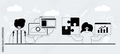A team that specializes in SEO . trendy exemplar in a analogue manner. Trendy style, Vector Illustration