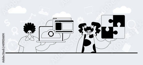A team that specializes in SEO . trendy exemplar in a analogue manner. Trendy style, Vector Illustration