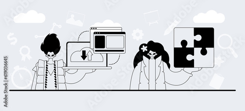A team that specializes in SEO . trendy exemplar in a analogue manner. Trendy style, Vector Illustration