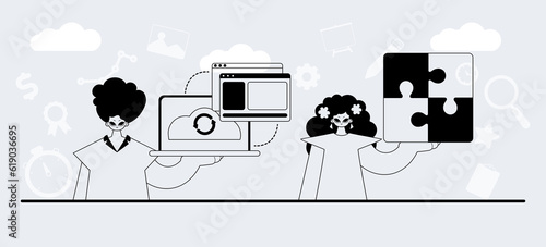 A team that specializes in SEO . trendy exemplar in a analogue manner. Trendy style, Vector Illustration