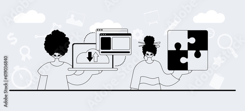 A team that specializes in SEO . trendy exemplar in a analogue manner. Trendy style, Vector Illustration
