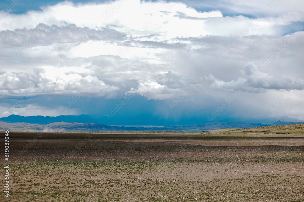 Atacama desert savanna, mountains and volcano landscape on a sunny day