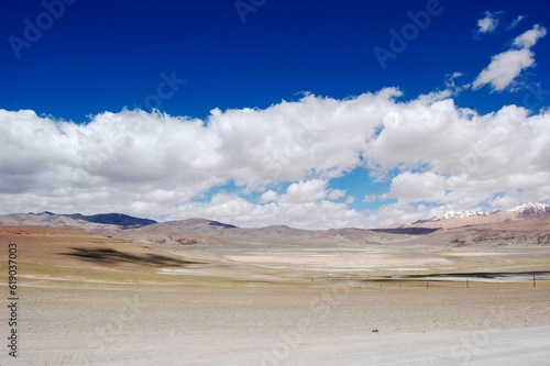 Atacama desert savanna  mountains and volcano landscape on a sunny day