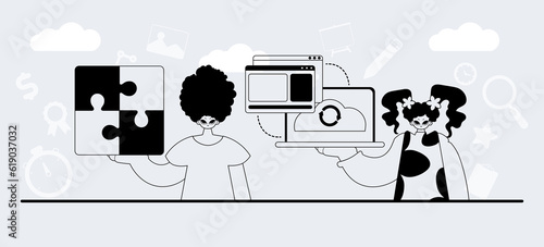 A team that specializes in SEO . trendy exemplar in a analogue manner. Trendy style, Vector Illustration