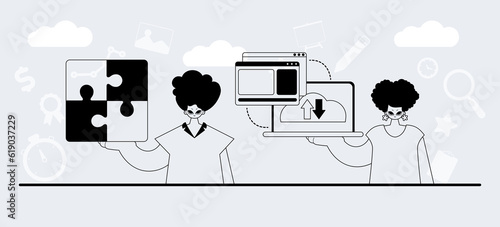 A team that specializes in SEO . trendy exemplar in a analogue manner. Trendy style, Vector Illustration