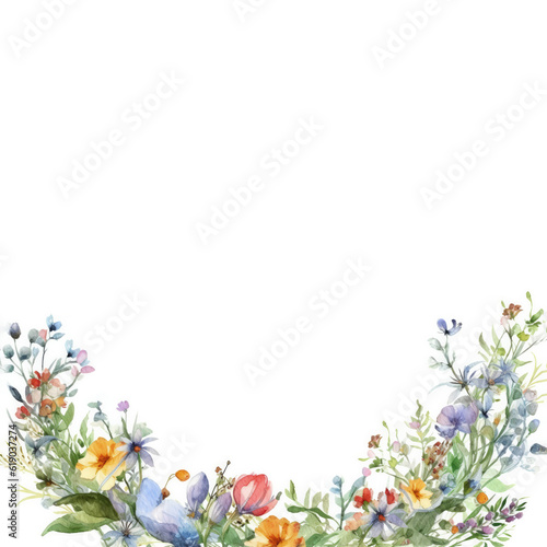 Watercolor illustration  greeting card design  border of colorful wildflowers  frame of field meadow flowers on a white background. Copy space. AI generated